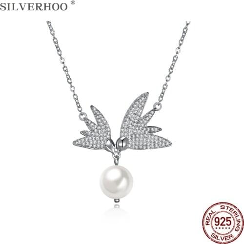 SILVERHOO Genuine 925 Sterling Silver Shiny Swallow Pendant Necklaces Women Elegant Shell Pearl Dangle Necklace Silver Jewelry