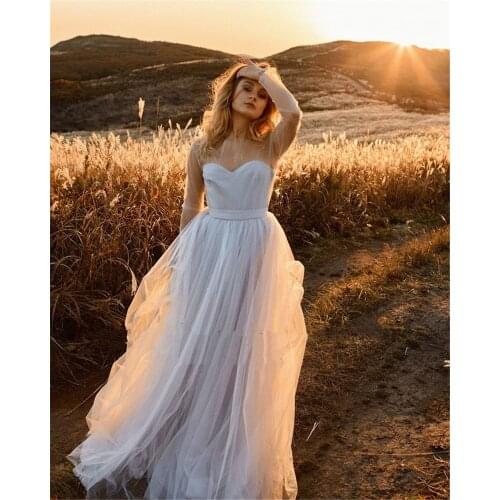 Fairy Light Purple Wedding Dresses Tulle Long Puff Sleeves A Line Country Simple Puffy Bridal Gowns Princess Robe De Mariee 2021