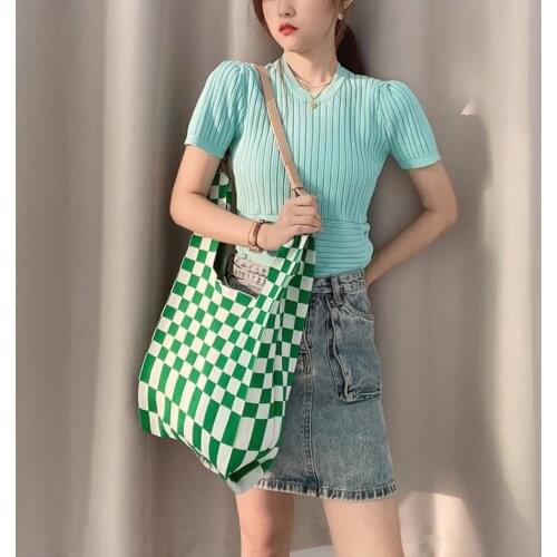 Female Clash Color Plaid Woolen Knitted Shoulder Wrist Bags Vintage Chic Big Capacity Tote Handbag Ladies Casual Leather Straps