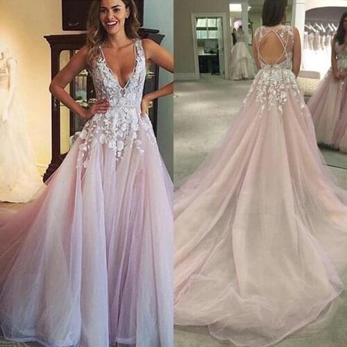 Wedding Dress V Neck Tulle Applique Open Back Sleeveless A Line Floor Length Gowns Lace Bride Dresses Vestido De Noiva Casamento