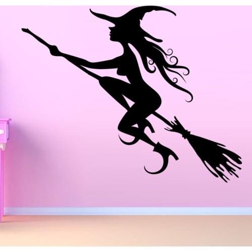 Halloween Girls Room Flying Witch Wall Sticker Vinyl Self Adhesive Black Home Decor Removable Wallpaper