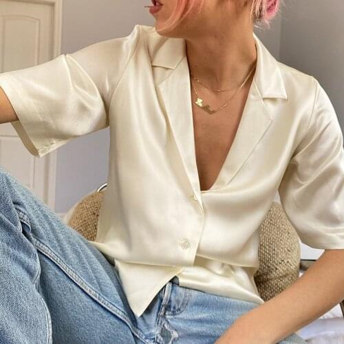 Elegant Apricot Satin Blouse Women Sexy V Neck Short Sleeve Button Up Pink Shirts Tops 2021 Autumn Summer New Blusas Mujer