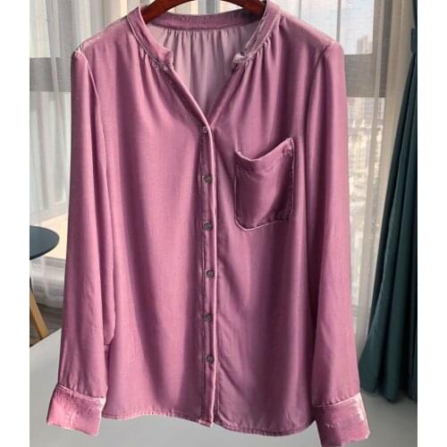 Women Shirt Early Autumn New Pink Purple Silk Velvet Shirt Lazy Velvet V-neck Shirt
