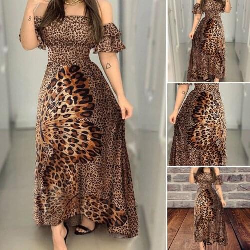 Butterfly Printed Dress Leopard Print High Waist Ruffled Sleeves Long Dress for Women d88