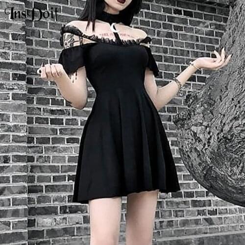 InsDoit Goth Halter Black Dress Women Harajuku Vintage Aesthetic Sexy High Waist Mini Dress Punk Elegant Summer Dress For Women