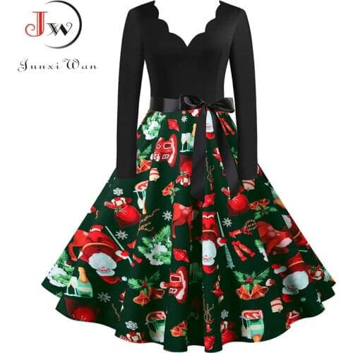 Plus Size Christmas Dress Women Long Sleeve V neck Elegant Vintage Winter Party Sundress Black Swing Print Clothing Robe S~3XL