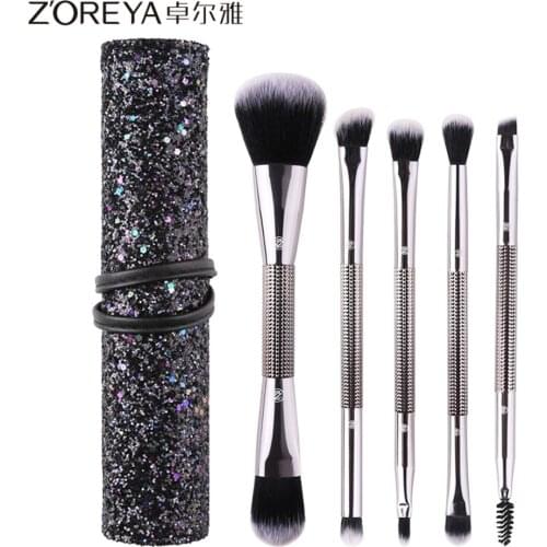 Zoreya zhuo er ya New Style Double-ended Makeup Brush 5 Makeup Brush Set Sequin Zipper Cosmetic Bag ZZ5