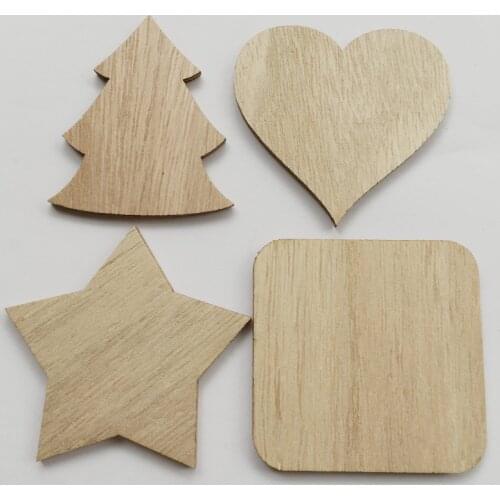 10pcs Natural Unfinished Wooden Star Cutout Shape Square Heart Christmas Tree Wood Crafts Discs Wedding Party Painting Decor