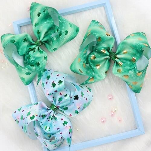 7" Large St Patricks Day Hair Bows Hair Clip for Girls Shamrock Printed Ribbon Sequin Hairgrips Festival Party Hair Accessories