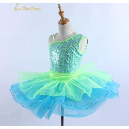 One Shoulder Girls Swan Lake Ballet Professional Costumes Green/Blue Ballet Tutu Dress Children Ballet Dance Leotard For Girls