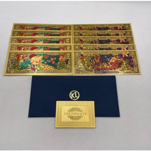 10pcs/lot Santa Clause Lucky Pig Two US Dollar Colored 24k Gold US Dollar Banknotes for Souvenir and Collection Gift