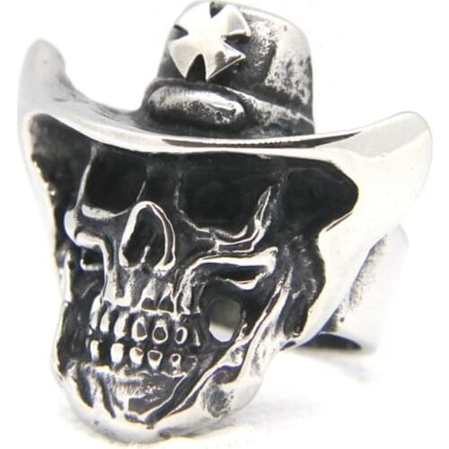Support Dropship Newest Size 7-13 Cross Skull Hat Ring 316L Stainless Steel Band Party Fashion Jewelry Skull Ring