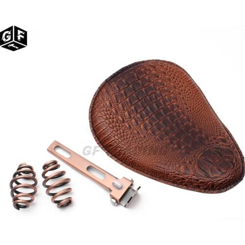 For Harley Custom Chopper Bobber Leather Saddle Seat Motorcycle Retro Brown Crocodile PU Leather Solo Seat+3" Spring Bracket