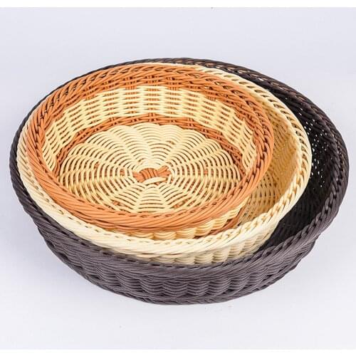 PP Rattan Handwoven Round Serving Tray Food Storage Plate Wicker Basket For Breakfast Drink Fruit Coffee Tea Desktop Basket S-XL
