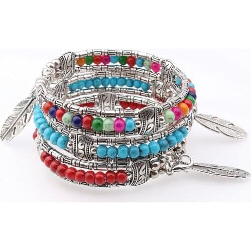 Fashion Bohemian Charm Bracelets Cuff Blue Beads Leaves Bracelet Bangles Jewelry for Women Girls Pulseras Mujer Wrist Gift