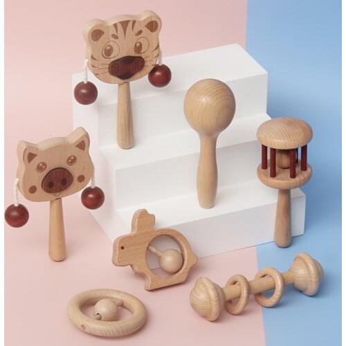 6 Pcs Natural Wooden Teether Rattles Gym Intellectual Puzzle Set Montessori Toys Baby Shower Gift