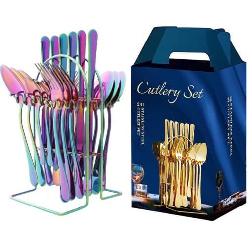 24pcs dinnerware set Stainless steel cutlery set with storage cutlery rack gift box set Knife fork spoon chopsticks set Gift Box