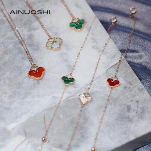 AINUOSHI 18K Gold Heart-shape Natural Red Agate /White fritillary/ Malachite Necklace/Bracelet 2-piece Set Jewelry Gift