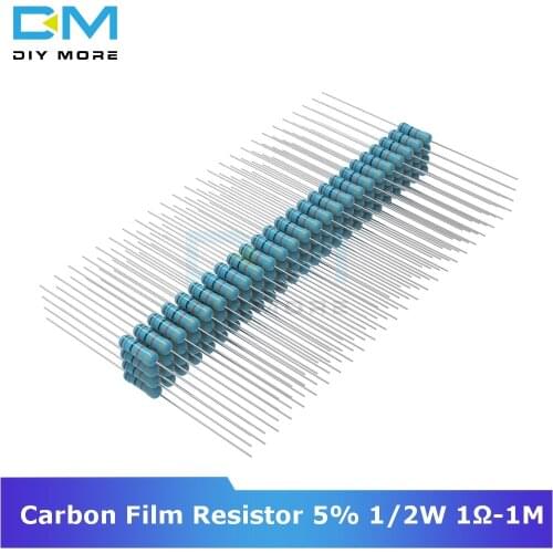 100PCS Diymore Carbon Film Resistor 5% 1/2W 0.5W 1R-1M Ohm Resistance 1% +1% -1% Electronic Kit 1K 2.2K 4.7K 5.1K 6.8K 10K 15K