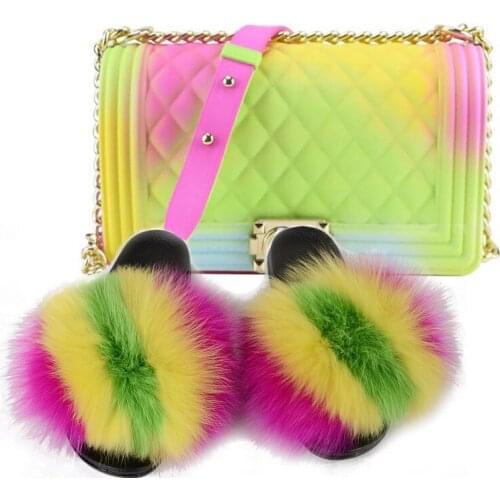 Women Fashion Luxury Fur Slippers Travel Jelly Handbag Match Set Ladies Plush Furry Fur Slides Rainbow Purse Beach Flip Flops