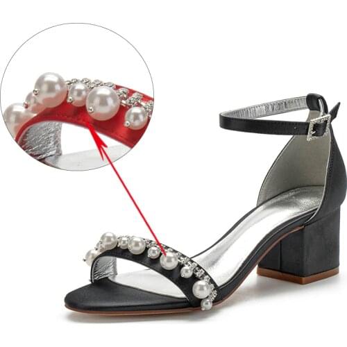 Luxury Rhinestones Women Ballerians Shoes Open Toe Satin Evening Sandals Ankle Strap Mid Heels Bride Wedding Sandal Summer Pearl