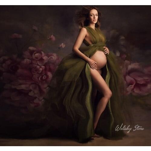 Vintage Sexy Bridal Tulle Maternity Robe Sleeveless V Neck Long Floor Length Sheer Maternity Dressing Gowns Photo Shoot Robe