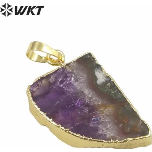 WT-P1544 Unique natural slice amethysts gold trim stone pendant women tiny stone horn pendant for friends birthday gift pendants