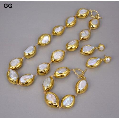 GuaiGuai Jewelry Natural Cultured Baroque Keshi Pearl Necklace Keshi Pearl Gold Color Plated Bracelet Earrings Sets For Women
