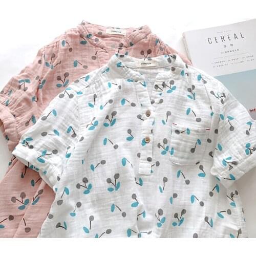 Literary Printing Sen WomenS Double Yarn Top Summer Stand Collar Double Cotton Yarn Shirt Women Short Sleeve Blouse