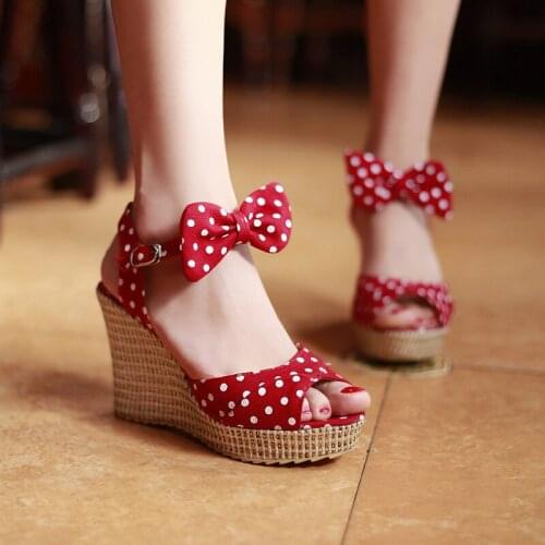 PXELENA Sweet Polka Dot Butterfly-knot Girls Sandals 2018 Summer New Wedge High Heel Platform Women Sandals Peep Toe Party Shoes