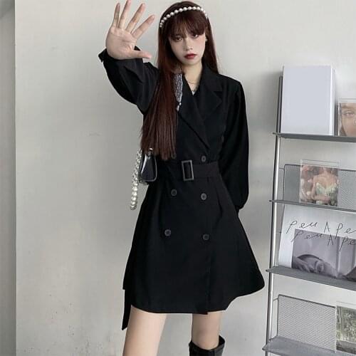 Notched Collar Long Sleeve Casual Ladies Blazer Korean Trend Double Breasted Jackets Loose Ladies Black Coats 2021 Autumn New