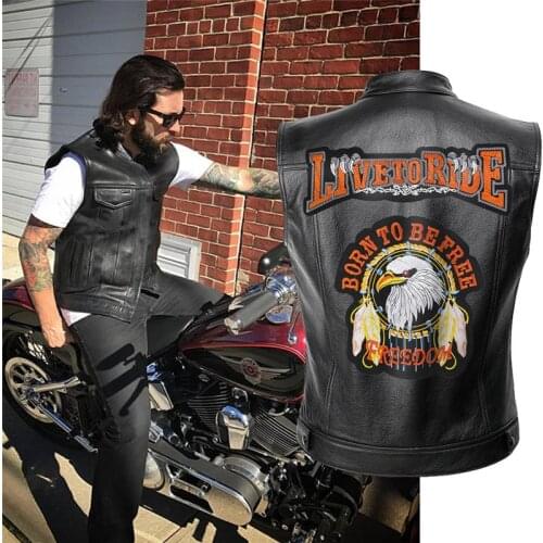 Mens Leather Motorcycle Vest Live To Ride Jacket Embroidery Rock Punk Vest Zipper Top Coat Cosplay Costume Sleeveless Jacket