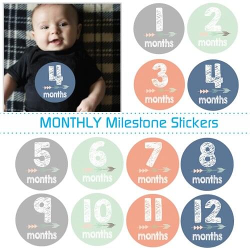 12pcs/Set Round Adhesive Sticky Month Milestone Stickers Newborn Baby First Year Onesie Belly Infant Monthly Growth Photo Props