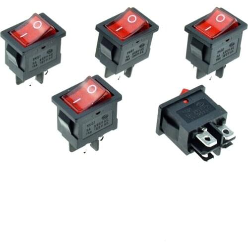 5PCS Red Rocker Boat Switch illuminated Neon Light DPST 4Pins 2Positions ON/OFF 19x13mm Snap-in Panel Mount 10A 125VAC/6A 250V