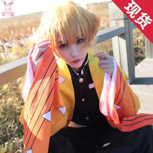 Anime Demon Slayer Kimetsu no Yaiba Agatsuma Zenitsu Kimono Cosplay Costume Kimono+shoes+wig H