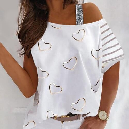 3xl Plus Size Love Print Womens Shirt Off Shoulder Fashion Summer Tunic Tops For Women Short Sleeve Casual Blouse Bluzka Damska