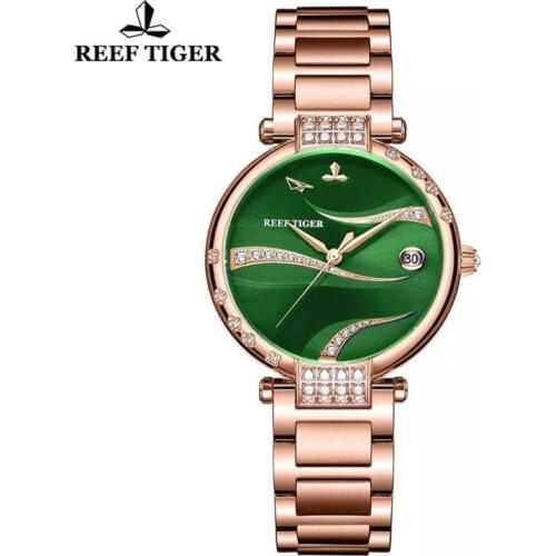 Reef Tiger/RT Women Sapphire Crystal Watch Rose Gold Stainless Steel Calendar Waterproof Automatic Mechanical Watch