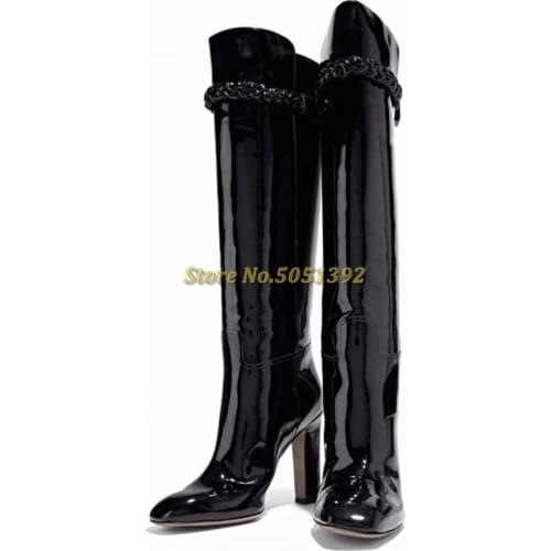 Black Patent Leather High Heel Boots Knee-high Boots Block High Heel Slip On Twist Braid Decor Round Toe Custom Made Long Boots