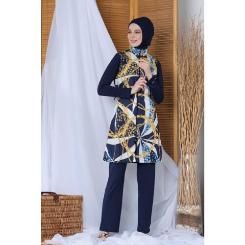 Womens Long Sleeve Chain Decorated Pants Hijab Swimwear 20181 Navy Blue