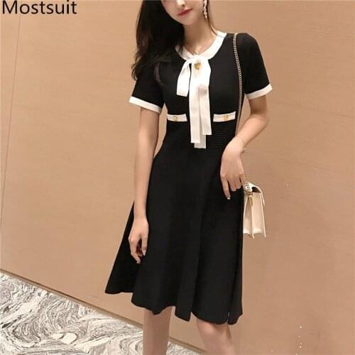 Elegant Vintage Knitted Pleated Dress Women Short Sleeve Bow Collar A-line Dresses Fashion Ladies Party Vestidos Femme 2020