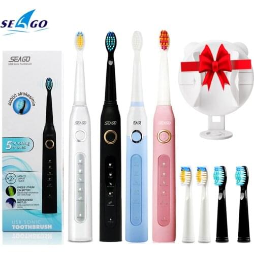 Seago Electric Toothbrush SG-507 Timer Sonic Teeth Whitening Brush Rechargeable 5 Modes USB Charger Replacement Heads For Adult
