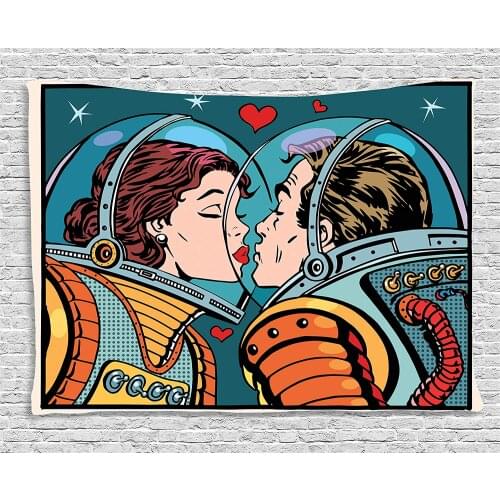 Love Decor Tapestry Space Man Woman Astronauts Kissing Science Cosmos Fantasy Couple Pop Art Style Artful Print Wall Hanging