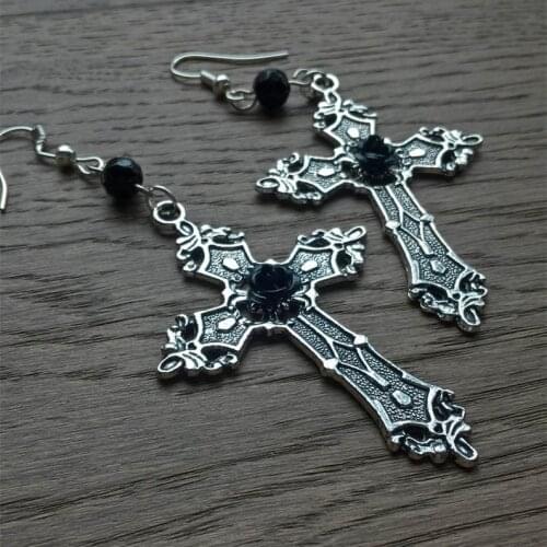 Gothic Black Rose Cross Earrings Witchy Alternative Victorian Witchy Punk Statement Metal Classical Grunge Jewelry Women Gift