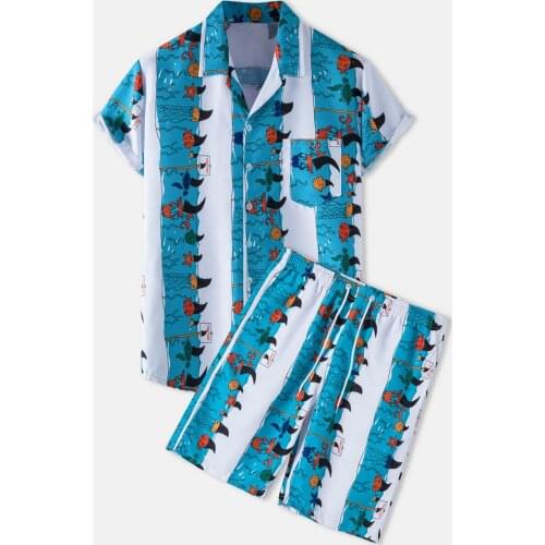 Men Sets Fashion Streetwear Printed Hawaiian Suits 2 Pieces For Men Vacation Breathable Beach Lapel Short Sleeve Shirt Shorts