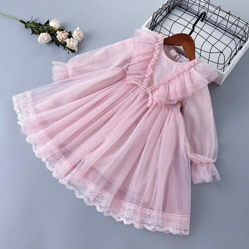 3-7 Years High Quality Spring Girl Dress 2021 New Lace Chiffon Flower Draped Ruched Kid Children Clothing Girl Princess Dress