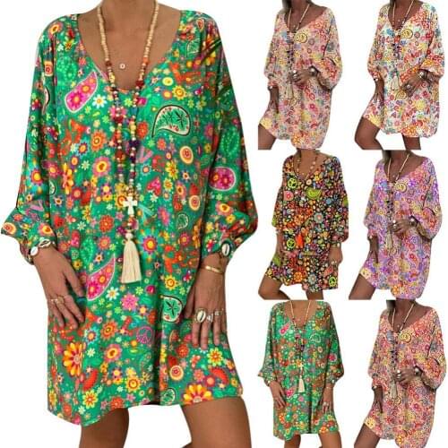 Summer Women Boho Floral Long Sleeve Dress Holiday Beach Shirt Dress Ladies Print Mini Dress Plus Size S-5XL