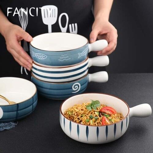 FANCITY Japanese-style ceramic handle bowl creative personality salad bowl breakfast bowl household small soup bowl dry noodle b