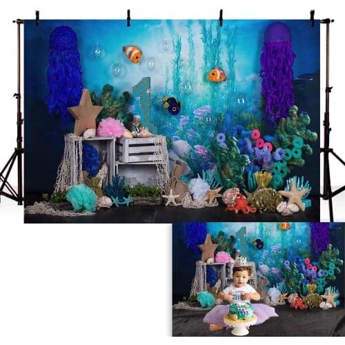 MOCSICKA 1st Birthday Little Mermaid Backdrop Photography Under the Sea Background for Photo Studio Cake Smash Decor Photo Shoot