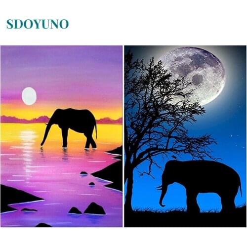SDOYUNO 60x75cm Painting By Numbers DIY Elephant Scenery Pictures By Numbers On Canvas Animals Frame Digital Hand Painting