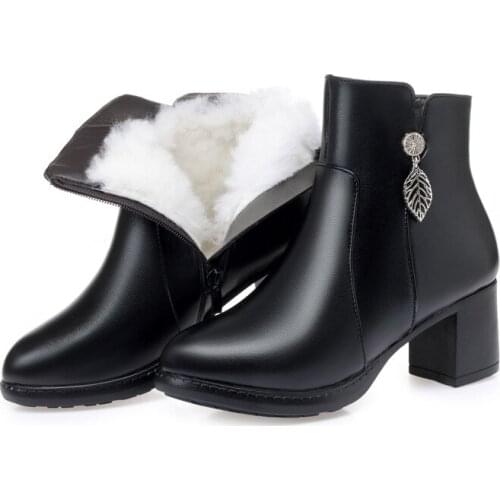 2019 New Winter Women Boots Non-slip Thick with High Heel Boots Cowhide Inside Plush and Wool Fashion Elegant Warm Snow Boots
